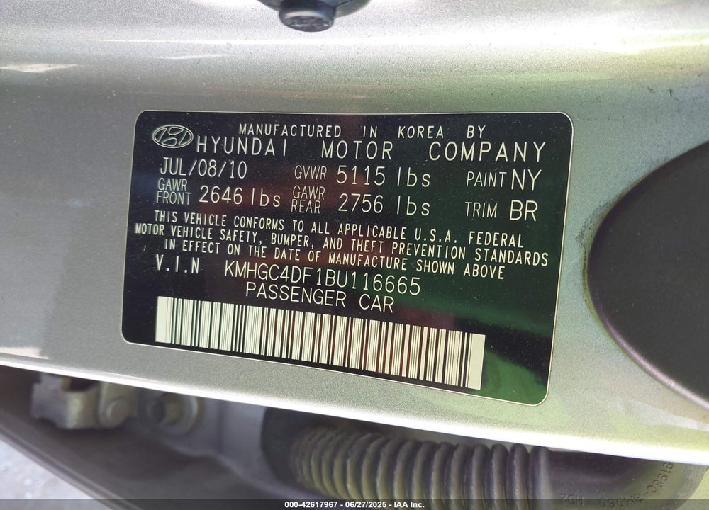 2011 HYUNDAI GENESIS VIN: KMHGC4DF1BU116665
