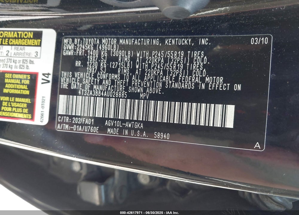 2010 TOYOTA VENZA VIN: 4T3ZA3BB4AU028885