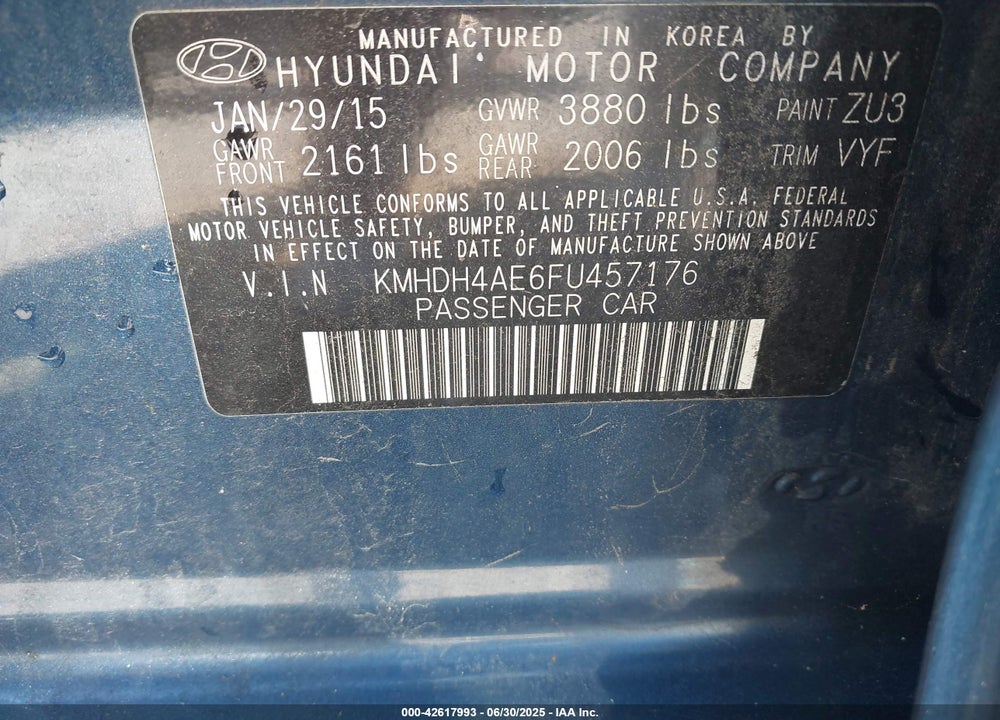 2015 HYUNDAI ELANTRA VIN: KMHDH4AE6FU457176