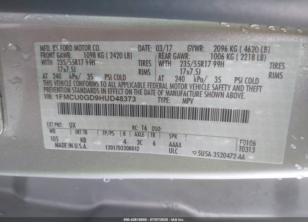 2017 FORD ESCAPE VIN: 1FMCU0GD9HUD48373