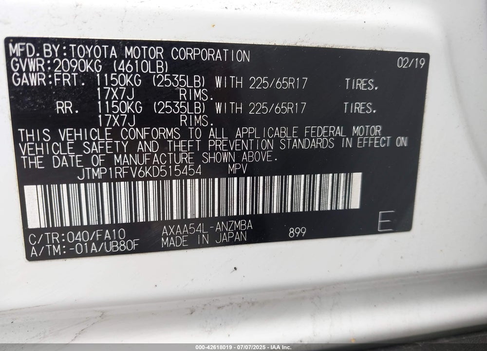 2019 TOYOTA RAV4 VIN: JTMP1RFV6KD515454