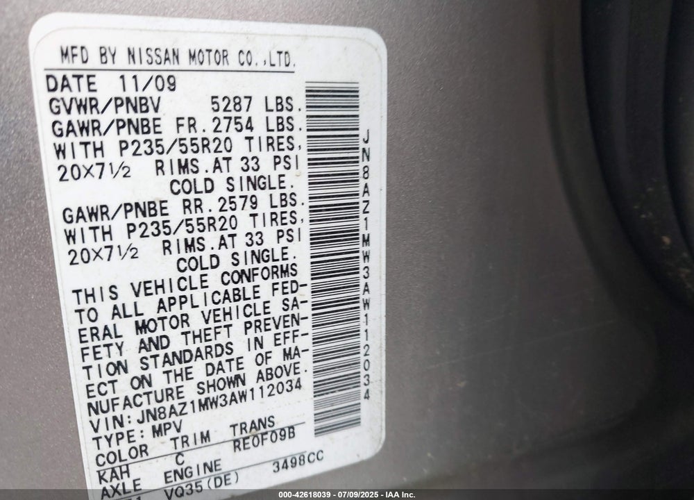 2010 NISSAN MURANO VIN: JN8AZ1MW3AW112034