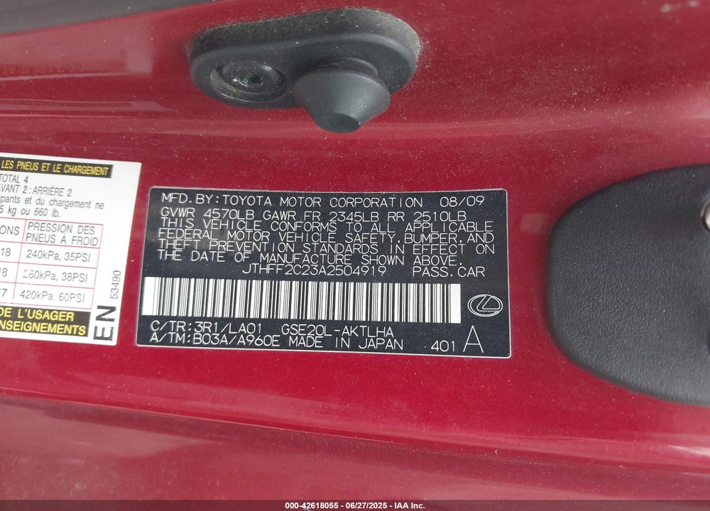 2010 LEXUS IS 250C VIN: JTHFF2C23A2504919