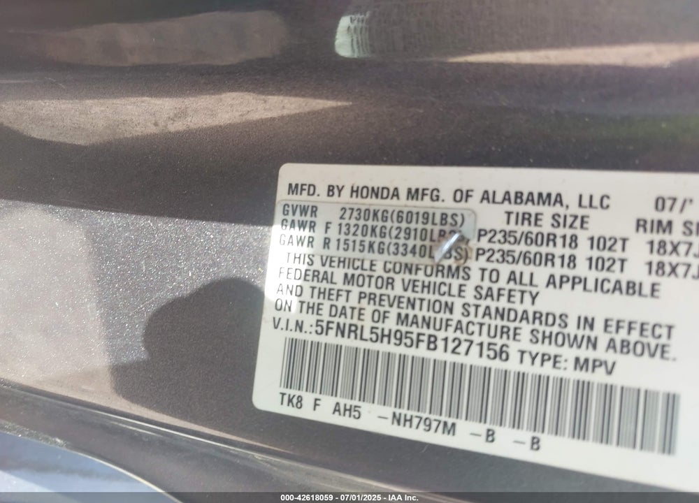 2015 HONDA ODYSSEY TOURING/TOURING ELITE VIN: 5FNRL5H95FB127156