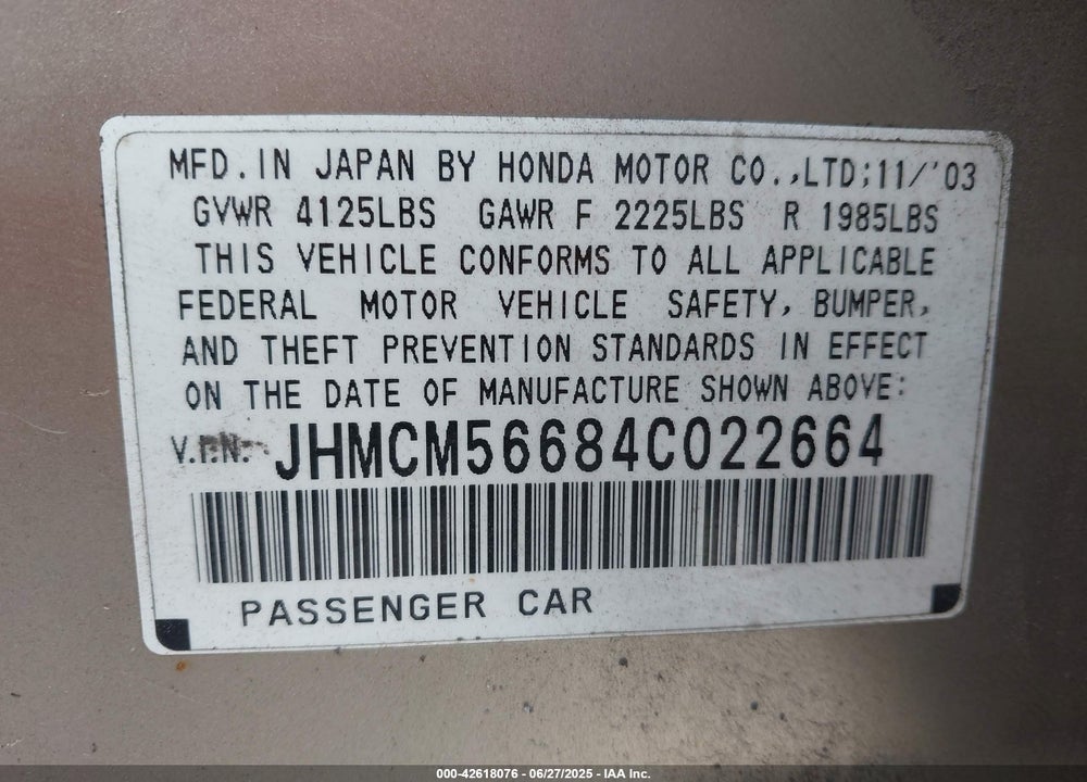 2004 HONDA ACCORD 2.4 EX VIN: JHMCM56684C022664