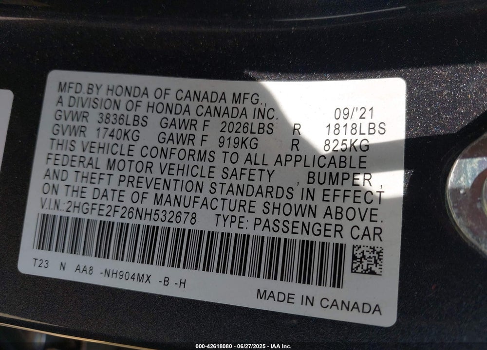 2022 HONDA CIVIC VIN: 2HGFE2F26NH532678