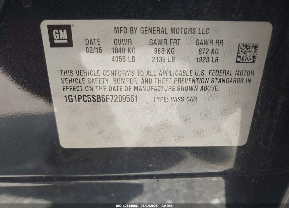 2015 CHEVROLET CRUZE VIN: 1G1PC5SB6F7209561