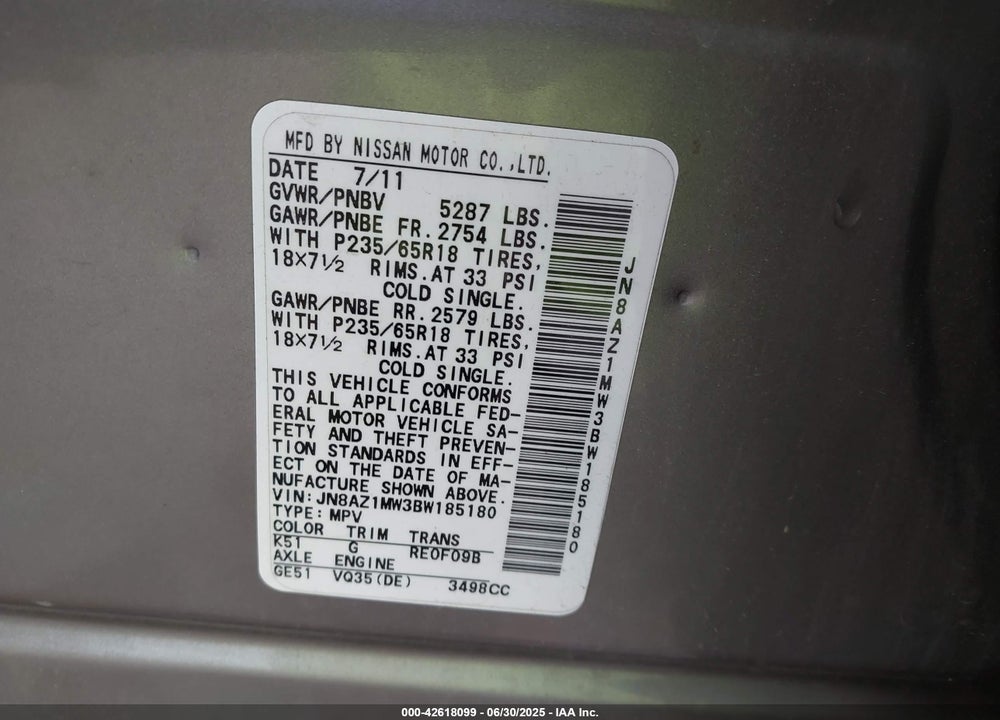 2011 NISSAN MURANO SL VIN: JN8AZ1MW3BW185180