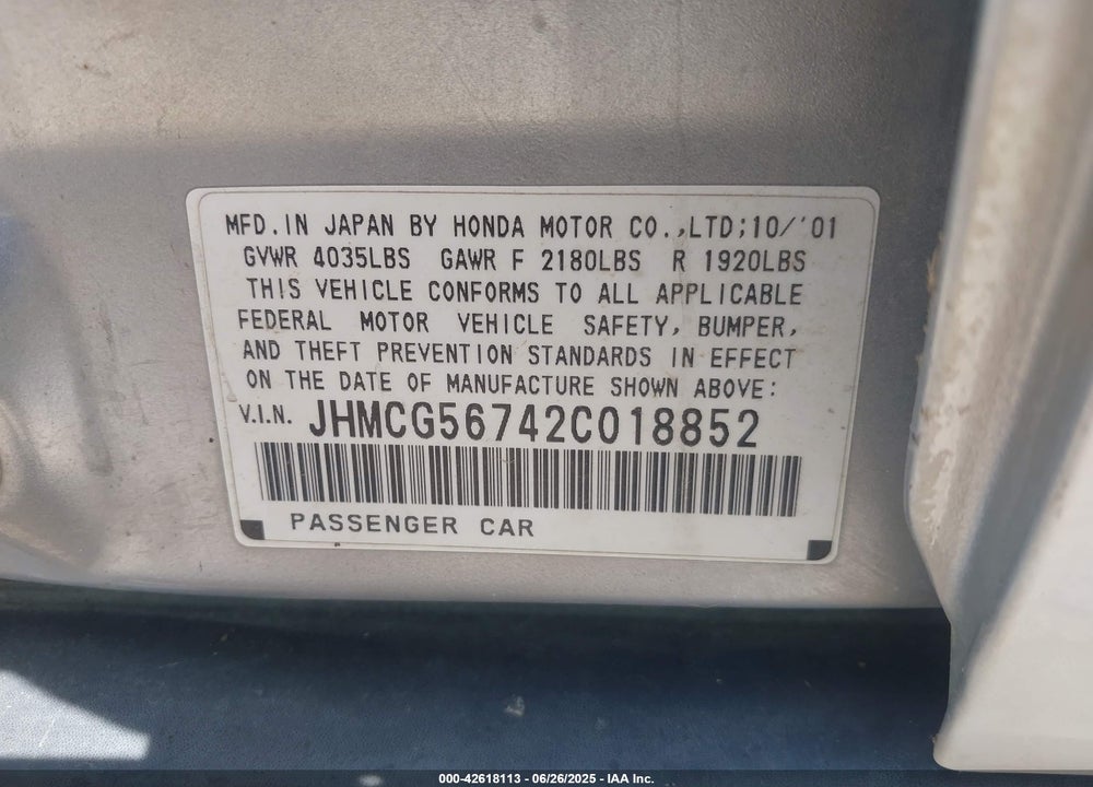 2002 HONDA ACCORD 2.3 SE VIN: JHMCG56742C018852