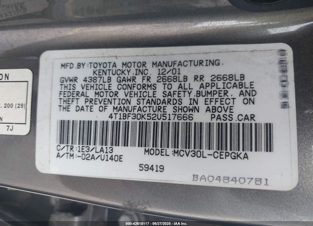 2002 TOYOTA CAMRY XLE V6 VIN: 4T1BF30K52U517666