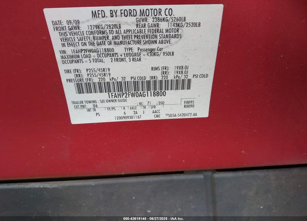 2010 FORD TAURUS VIN: 1FAHP2FW0AG118800