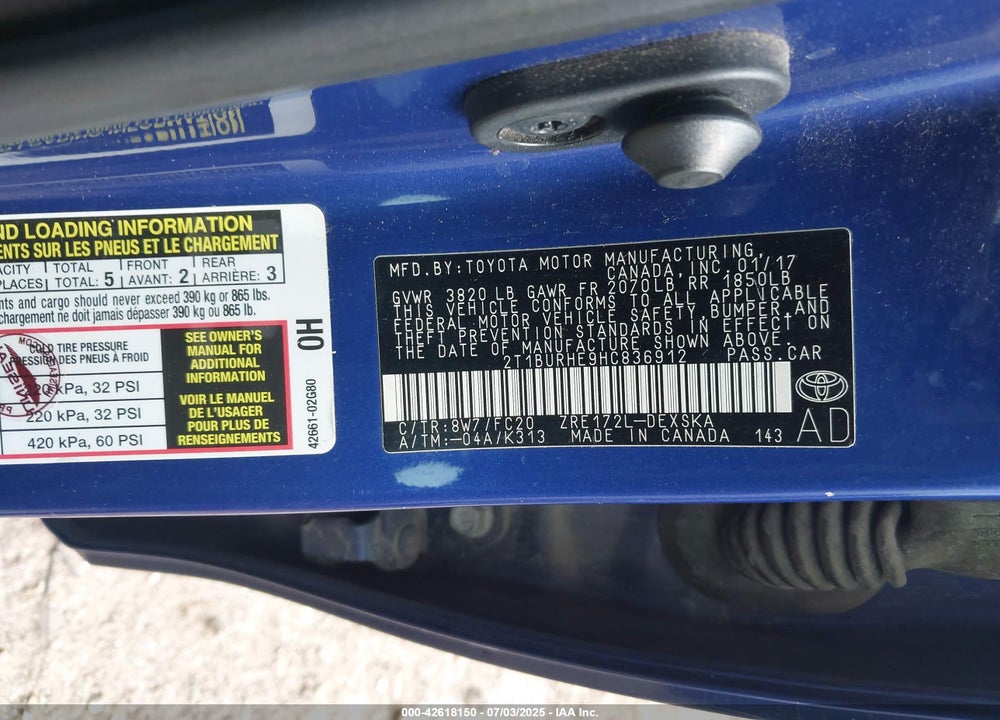 2017 TOYOTA COROLLA VIN: 2T1BURHE9HC836912