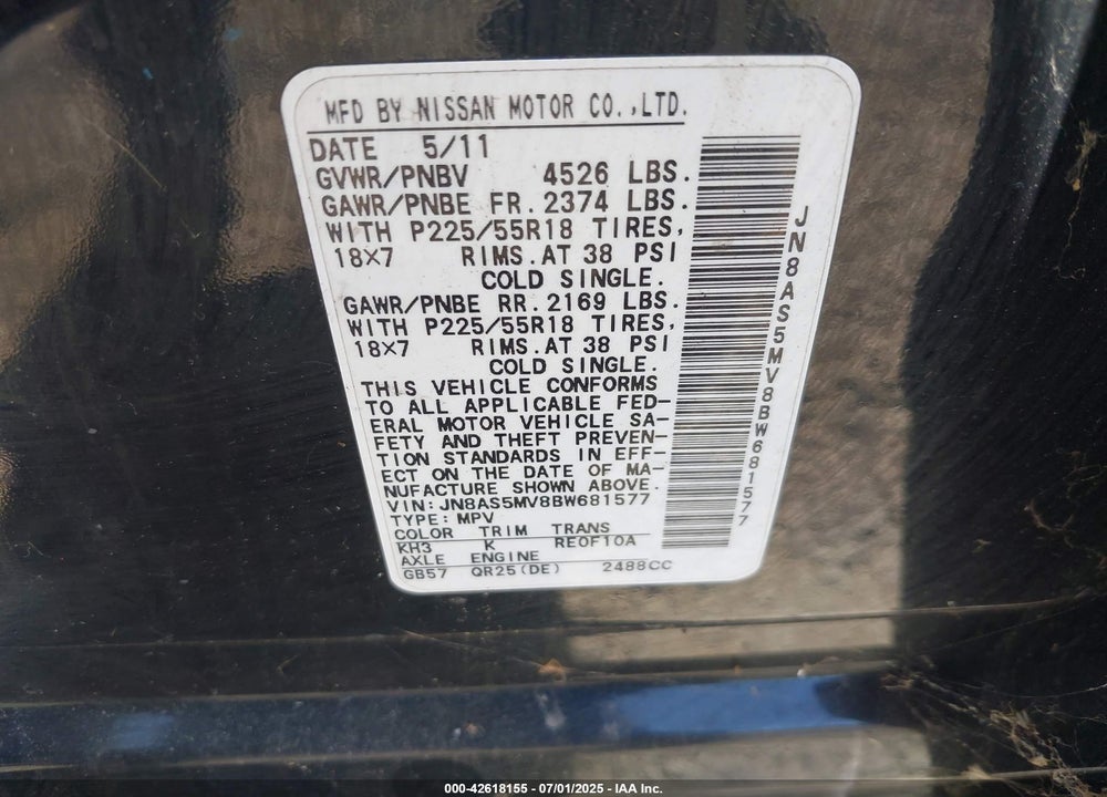 2011 NISSAN ROGUE VIN: JN8AS5MV8BW681577
