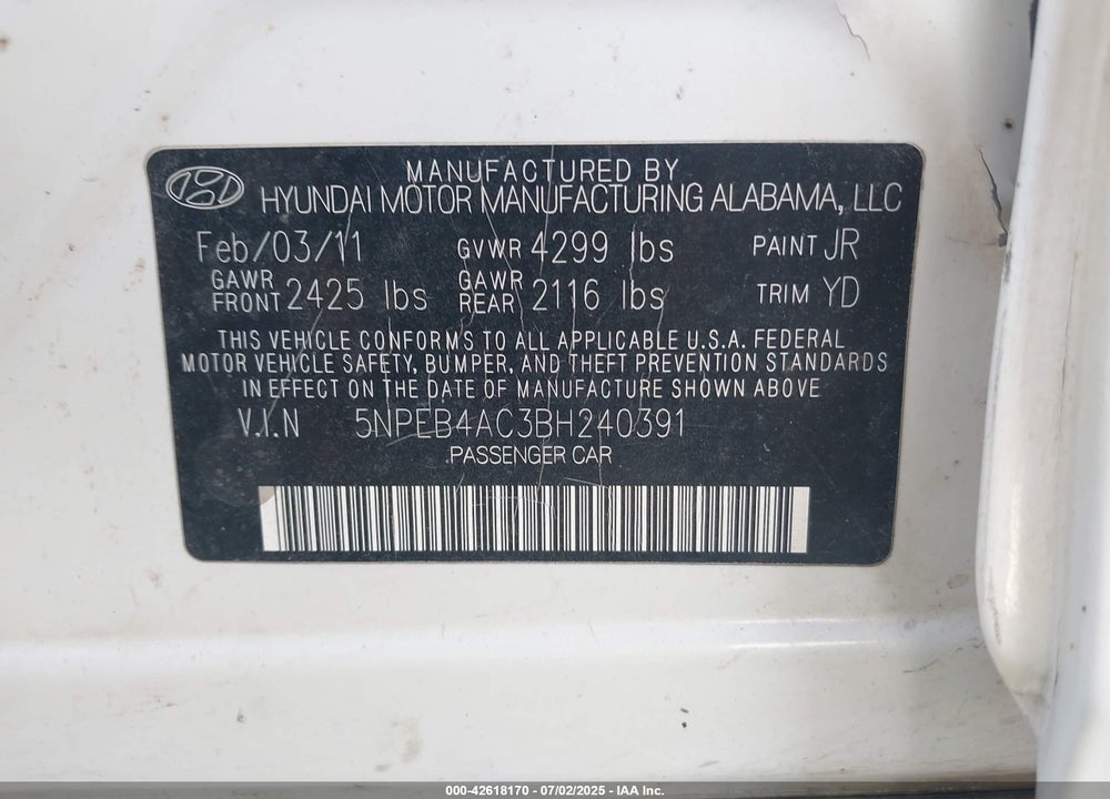 2011 HYUNDAI SONATA VIN: 5NPEB4AC3BH240391
