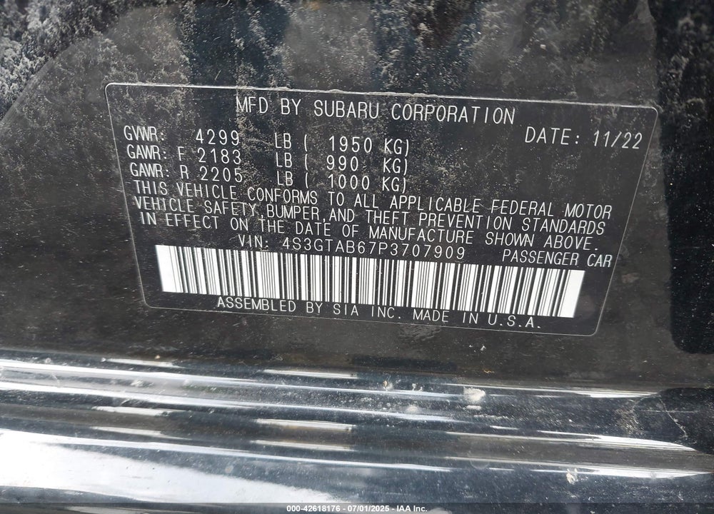 2023 SUBARU IMPREZA BASE 5-DOOR VIN: 4S3GTAB67P3707909