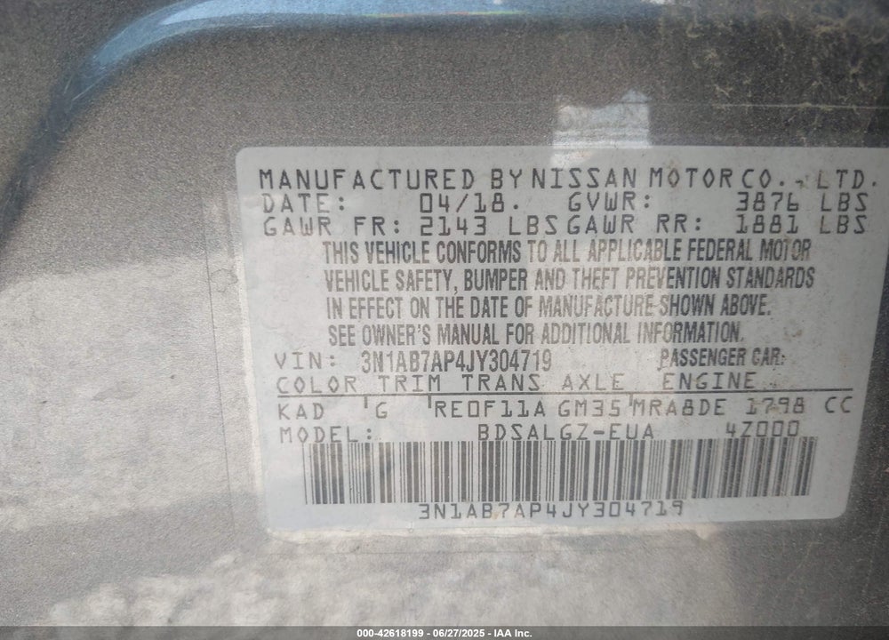 2018 NISSAN SENTRA VIN: 3N1AB7AP4JY304719