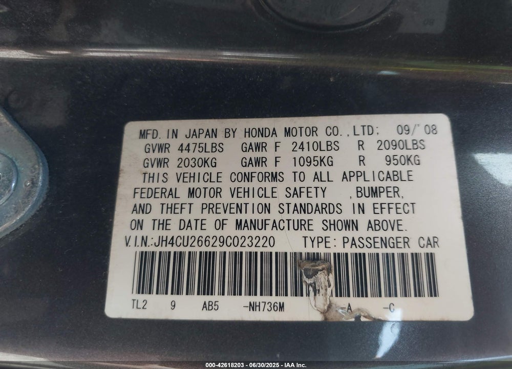 2009 ACURA TSX VIN: JH4CU26629C023220