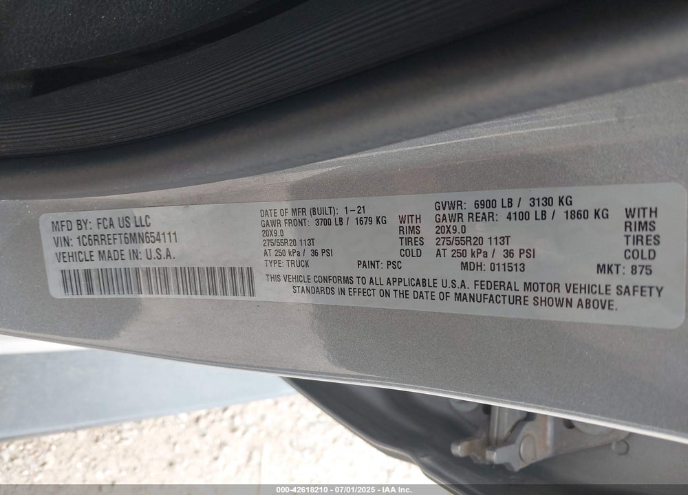 2021 RAM 1500 LONE STAR 4X2 5'7 BOX VIN: 1C6RREFT6MN654111