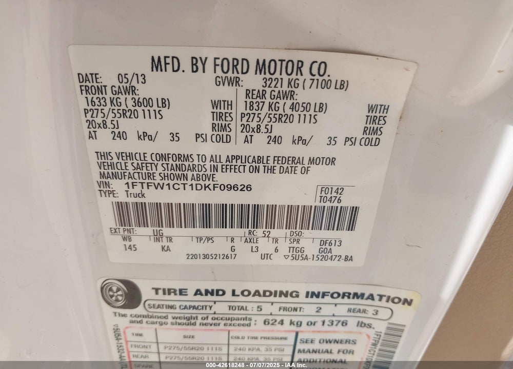 2013 FORD F-150 VIN: 1FTFW1CT1DKF09626