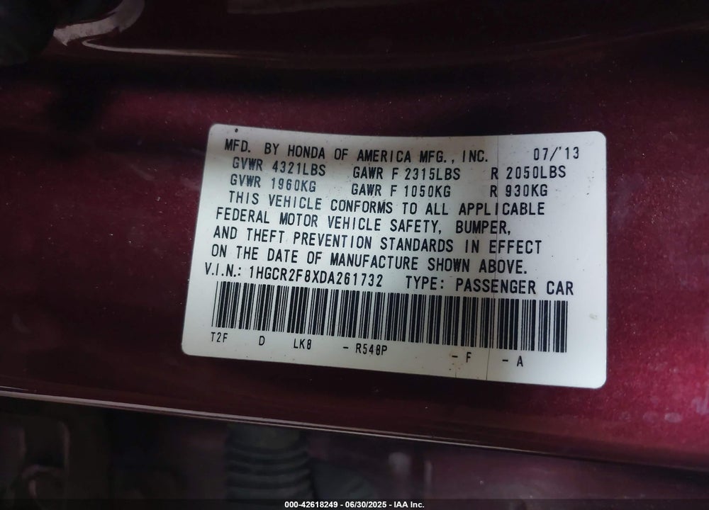 2013 HONDA ACCORD EX-L VIN: 1HGCR2F8XDA261732