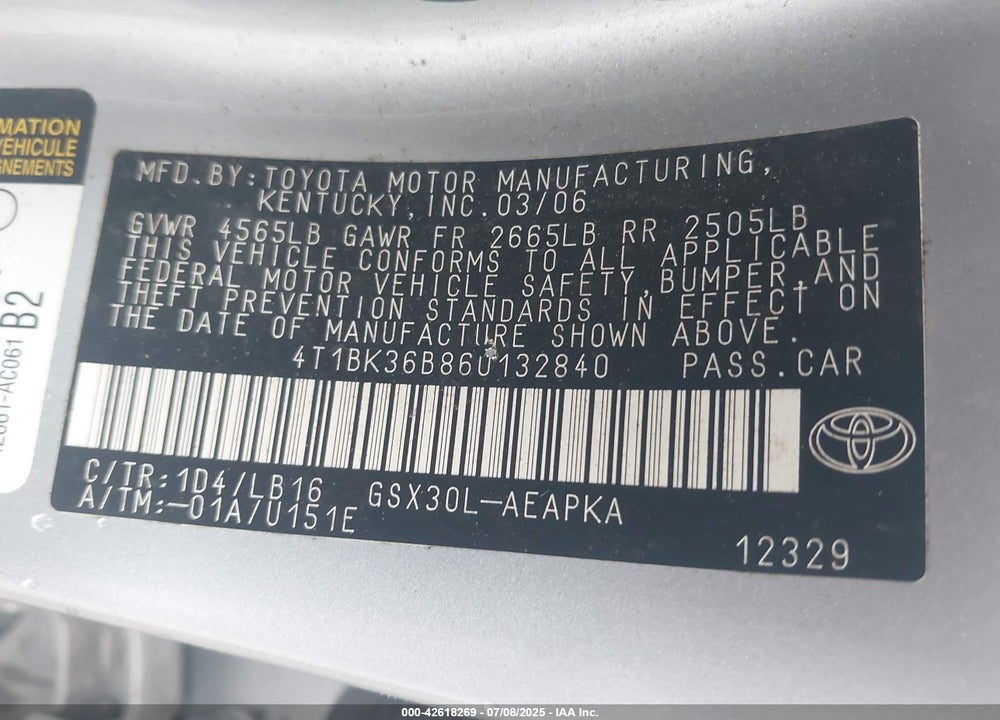 2006 TOYOTA AVALON LIMITED VIN: 4T1BK36B86U132840
