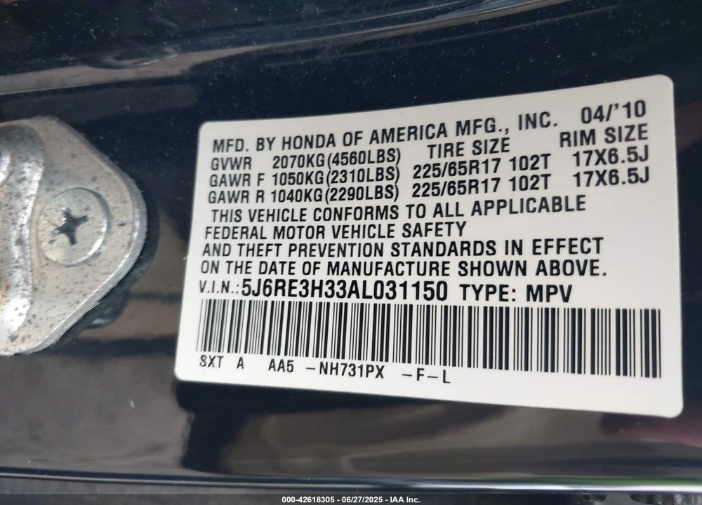 2010 HONDA CR-V VIN: 5J6RE3H33AL031150