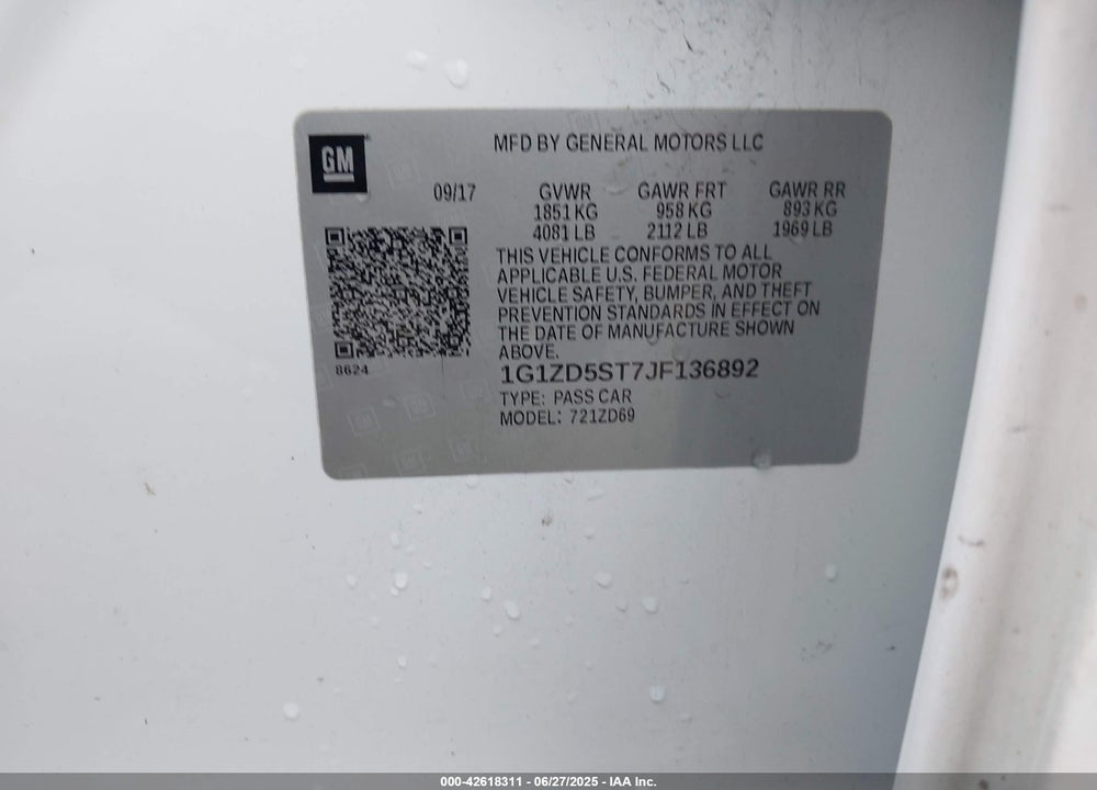 2018 CHEVROLET MALIBU VIN: 1G1ZD5ST7JF136892