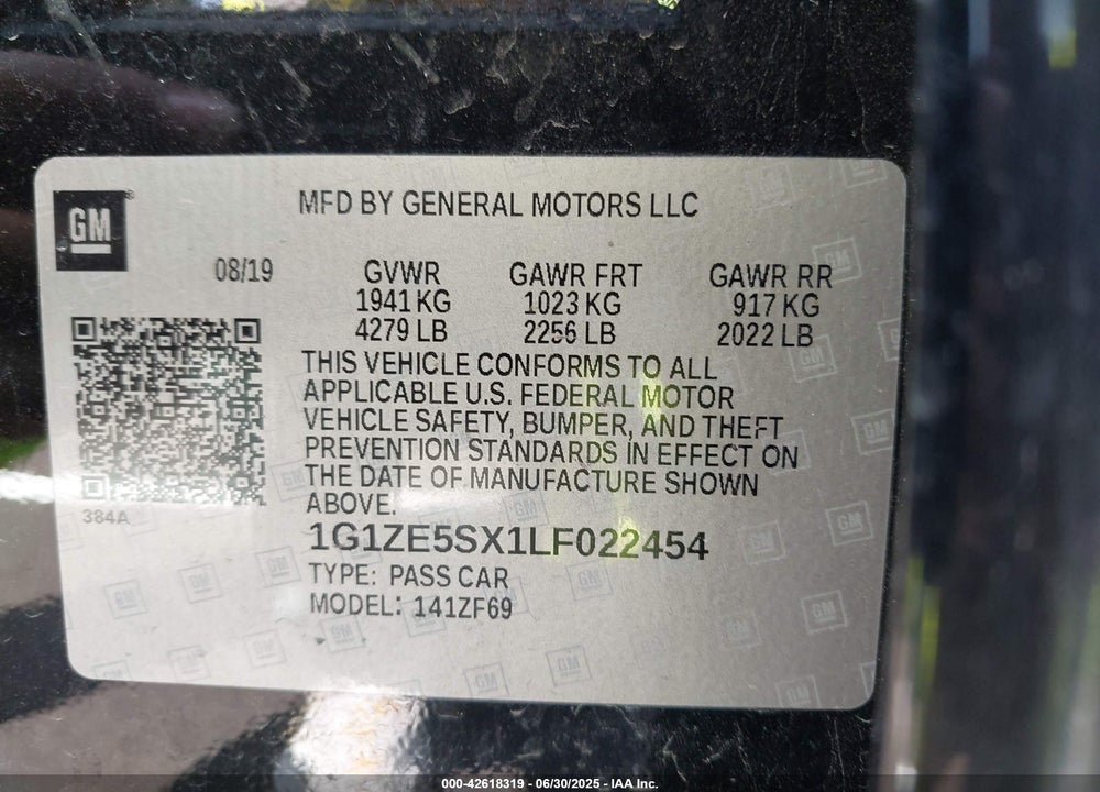 2020 CHEVROLET MALIBU VIN: 1G1ZE5SX1LF022454