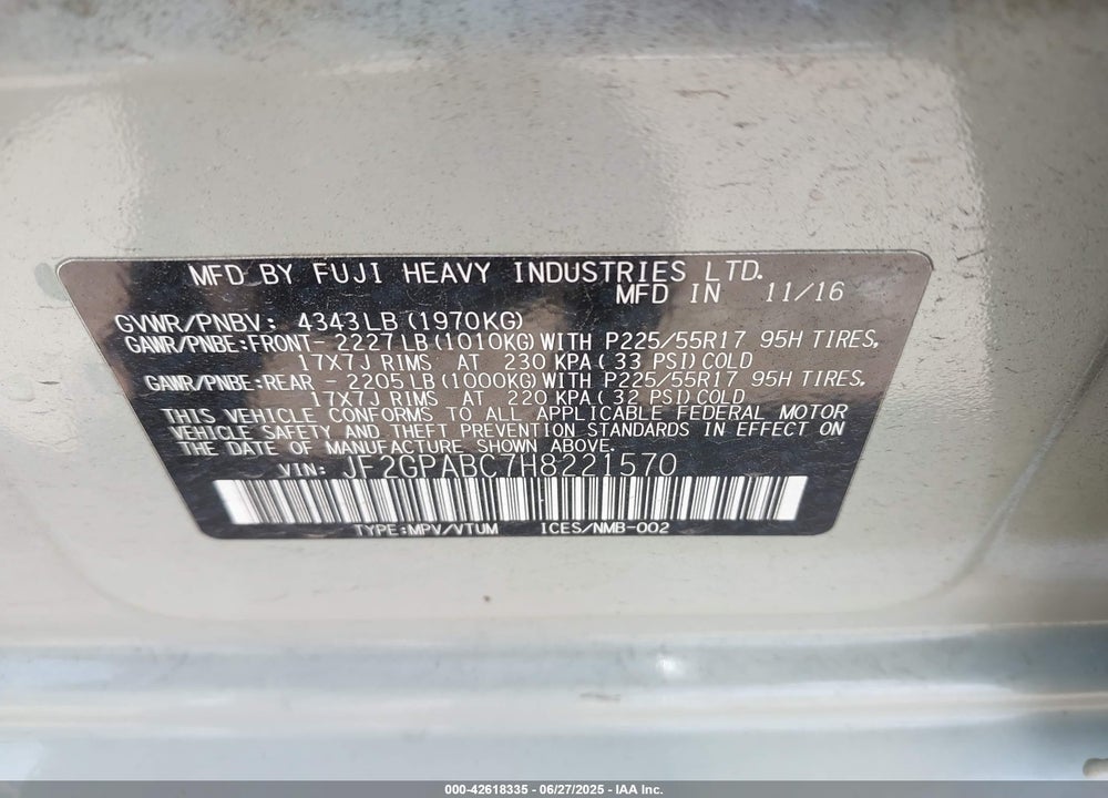 2017 SUBARU CROSSTREK VIN: JF2GPABC7H8221570