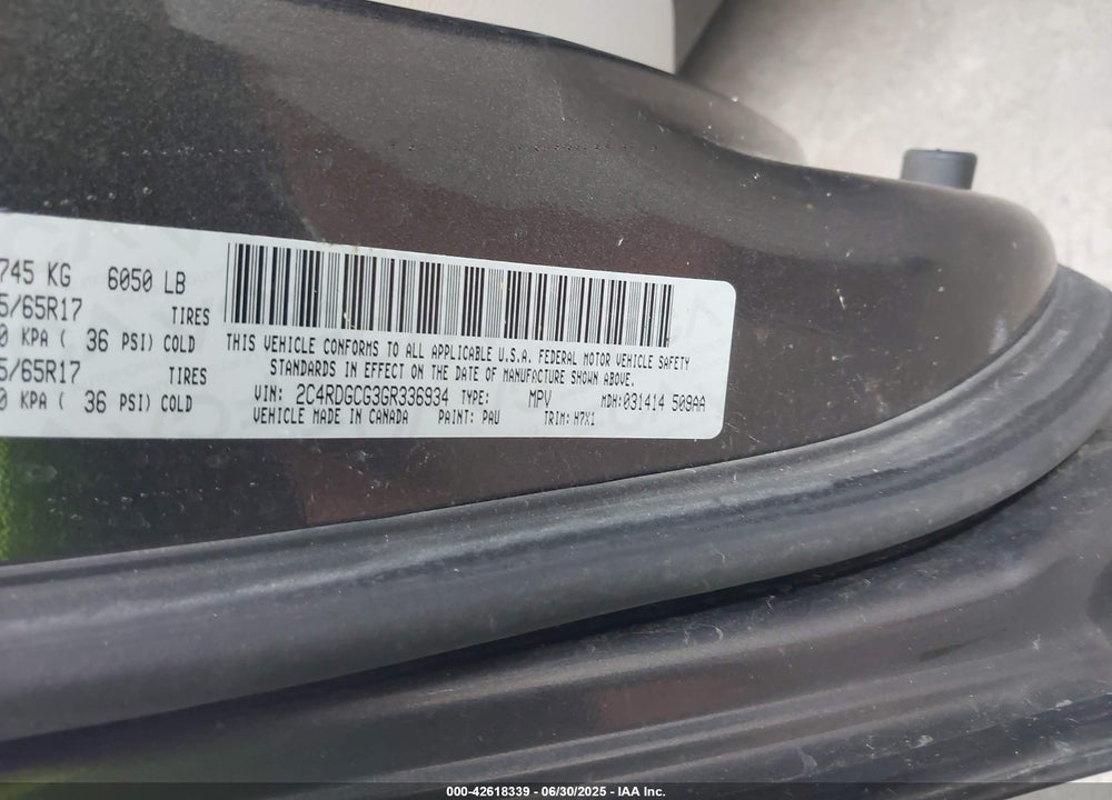 2016 DODGE GRAND CARAVAN SXT VIN: 2C4RDGCG3GR336934
