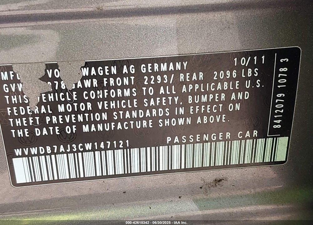 2012 VOLKSWAGEN GOLF VIN: WVWDB7AJ3CW147121