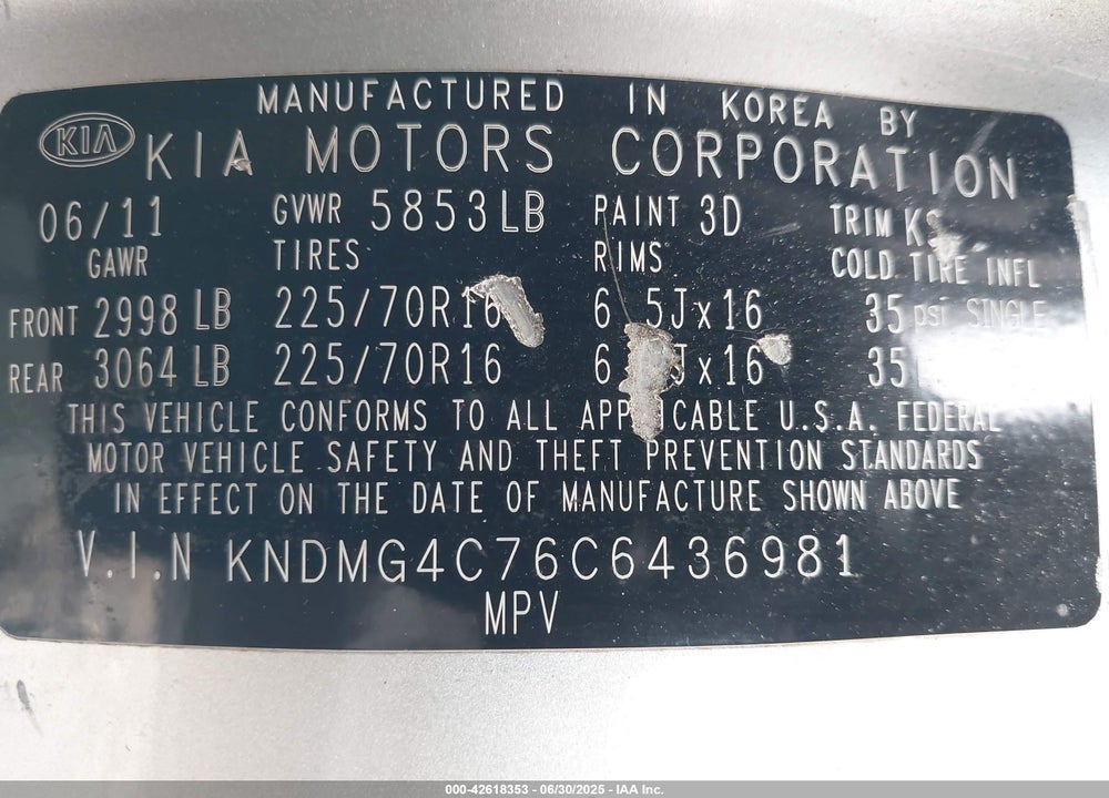 2012 KIA SEDONA LX VIN: KNDMG4C76C6436981