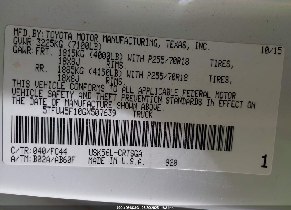 2016 TOYOTA TUNDRA SR5 5.7L V8 VIN: 5TFUW5F10GX507639