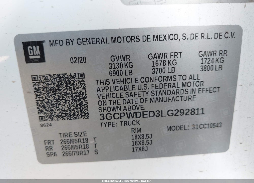 2020 CHEVROLET SILVERADO 1500 VIN: 3GCPWDED3LG292811