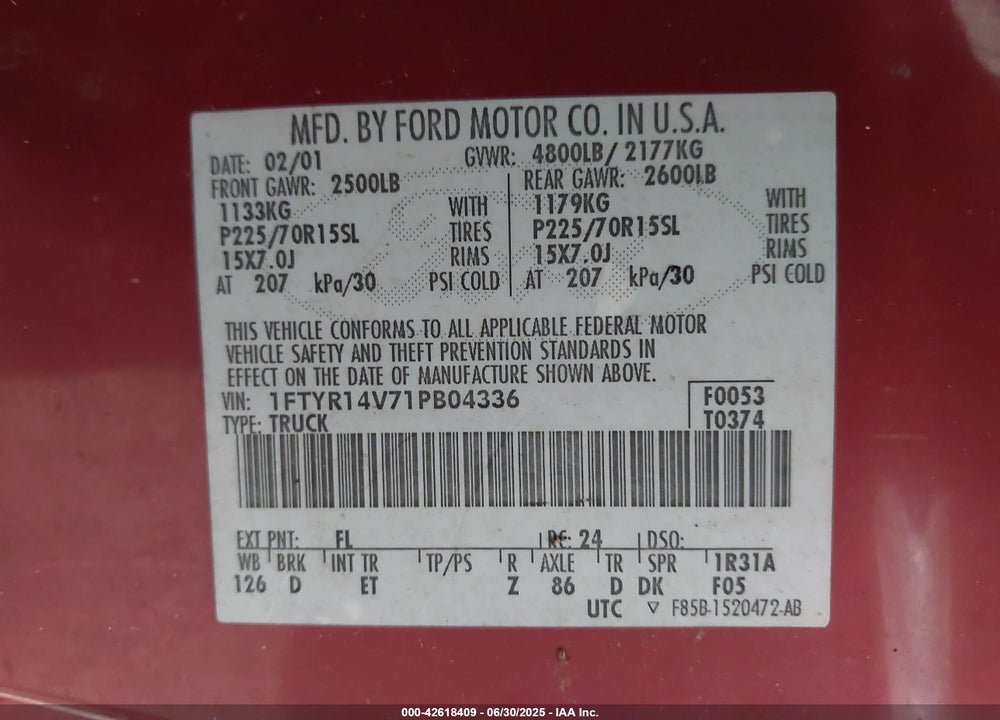 2001 FORD RANGER EDGE/XL/XLT VIN: 1FTYR14V71PB04336