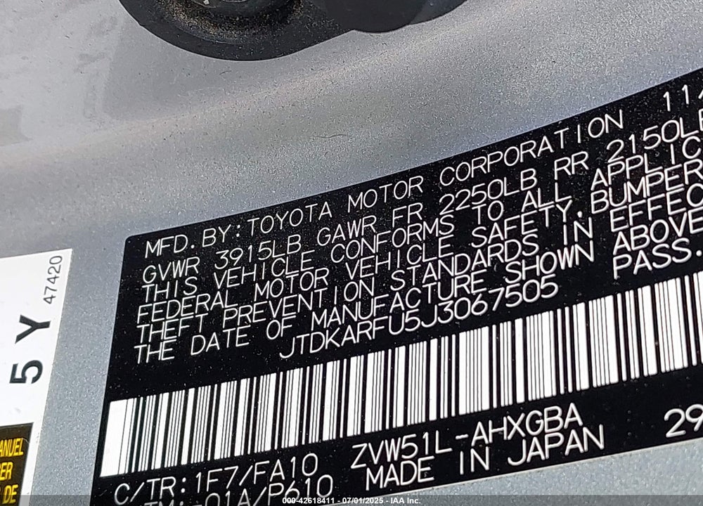 2018 TOYOTA PRIUS VIN: JTDKARFU5J3067505