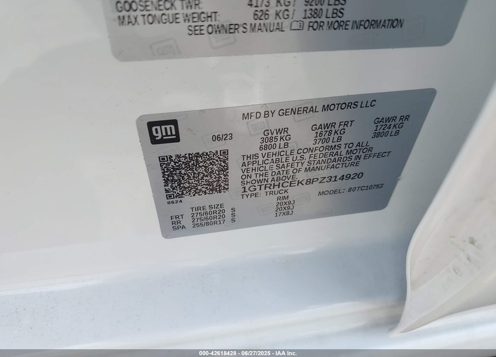 2023 GMC SIERRA 1500 VIN: 1GTRHCEK8PZ314920