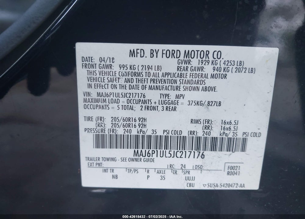 2018 FORD ECOSPORT VIN: MAJ6P1UL5JC217176
