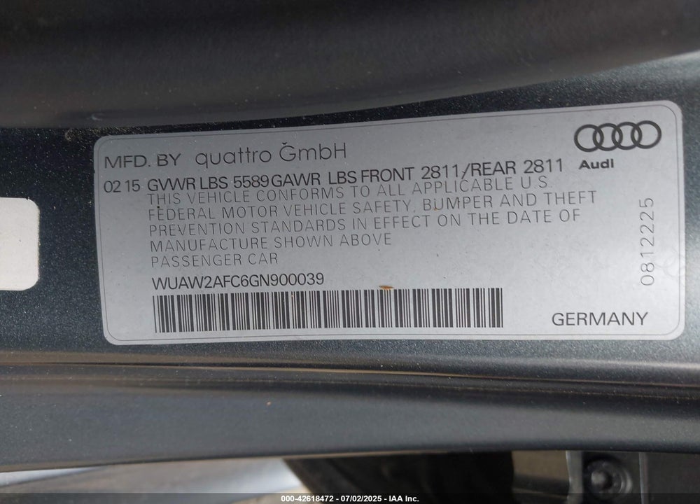 2016 AUDI RS 7 4.0T PRESTIGE VIN: WUAW2AFC6GN900039