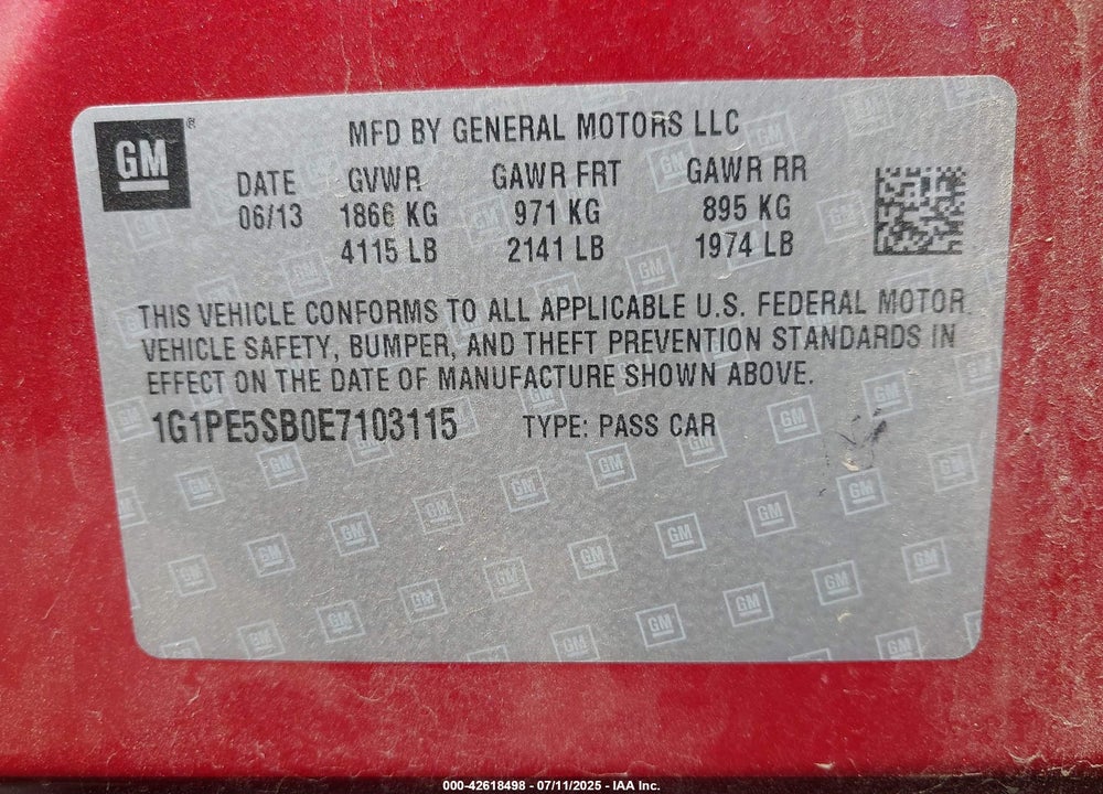 2014 CHEVROLET CRUZE VIN: 1G1PE5SB0E7103115