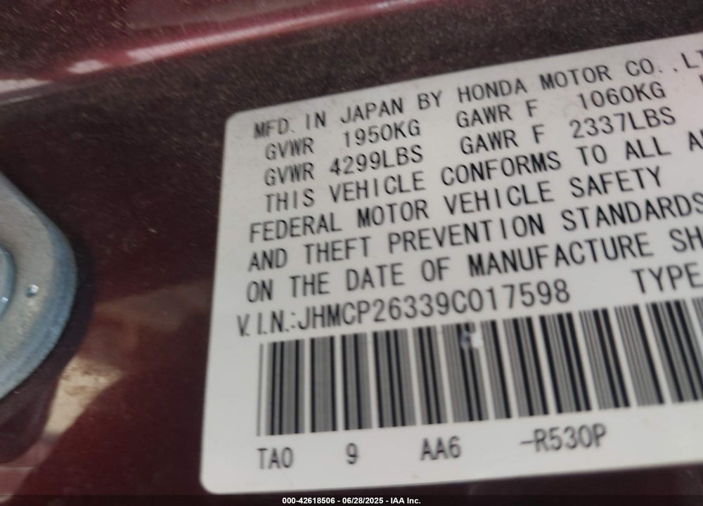 2009 HONDA ACCORD VIN: JHMCP26339C017598