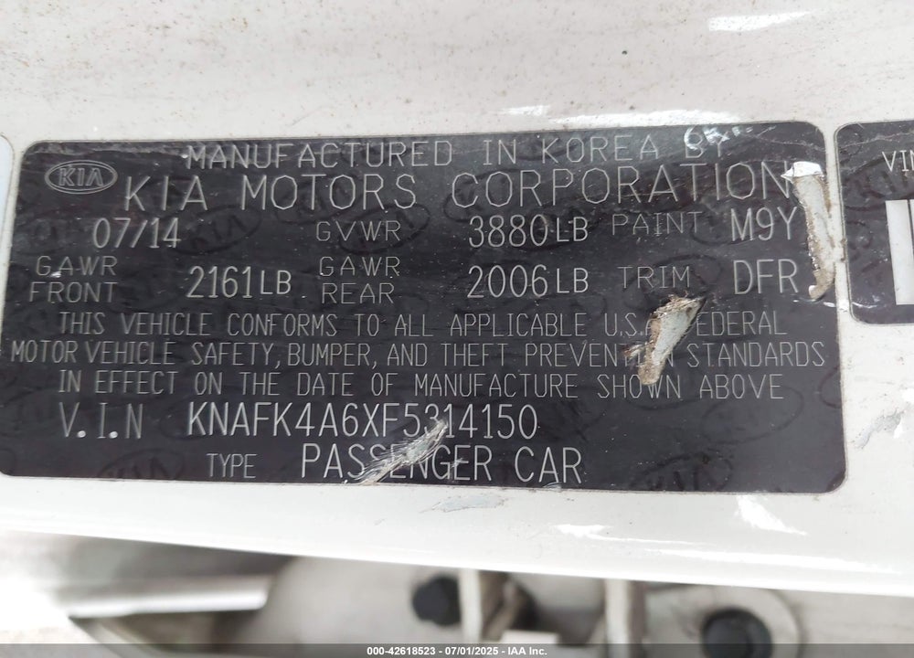 2015 KIA FORTE VIN: KNAFK4A6XF5314150