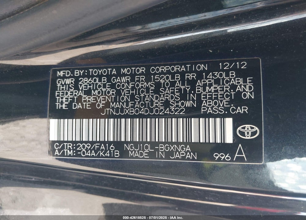 2013 SCION IQ VIN: JTNJJXB04DJ024322