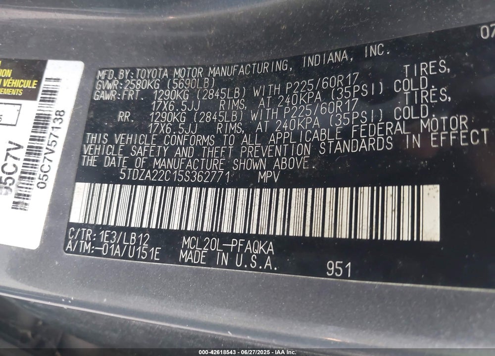 2005 TOYOTA SIENNA XLE LIMITED VIN: 5TDZA22C15S362771