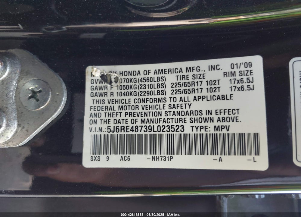 2009 HONDA CR-V VIN: 5J6RE48739L023523