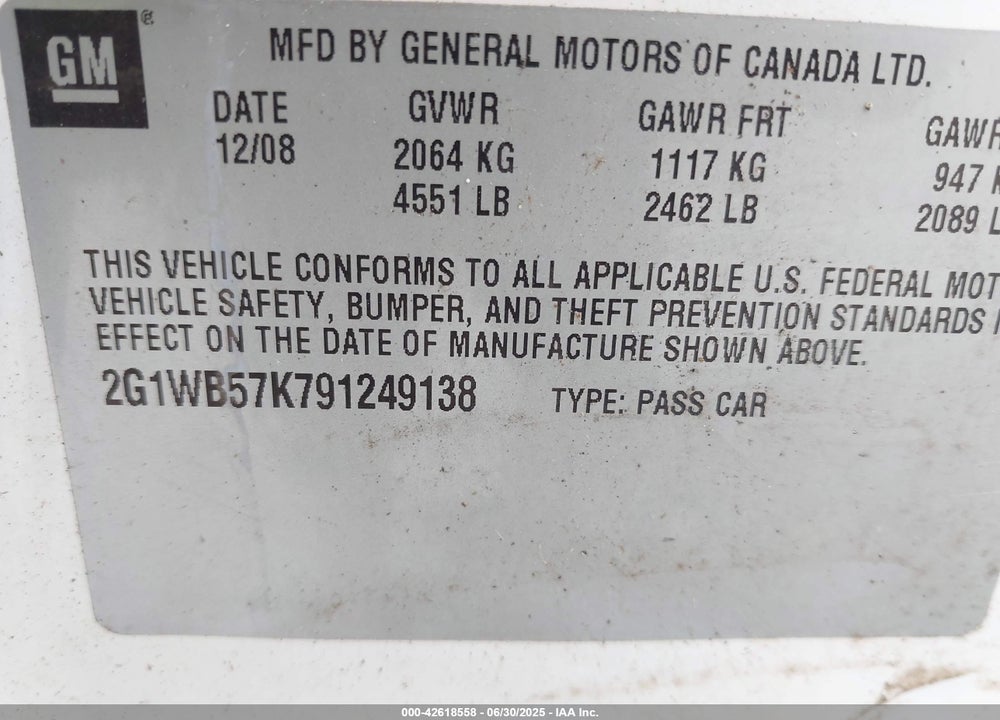 2009 CHEVROLET IMPALA VIN: 2G1WB57K791249138