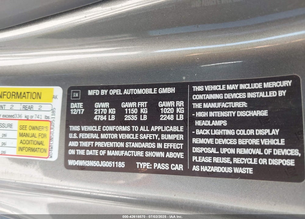 2018 BUICK CASCADA VIN: W04WH3N50JG051185