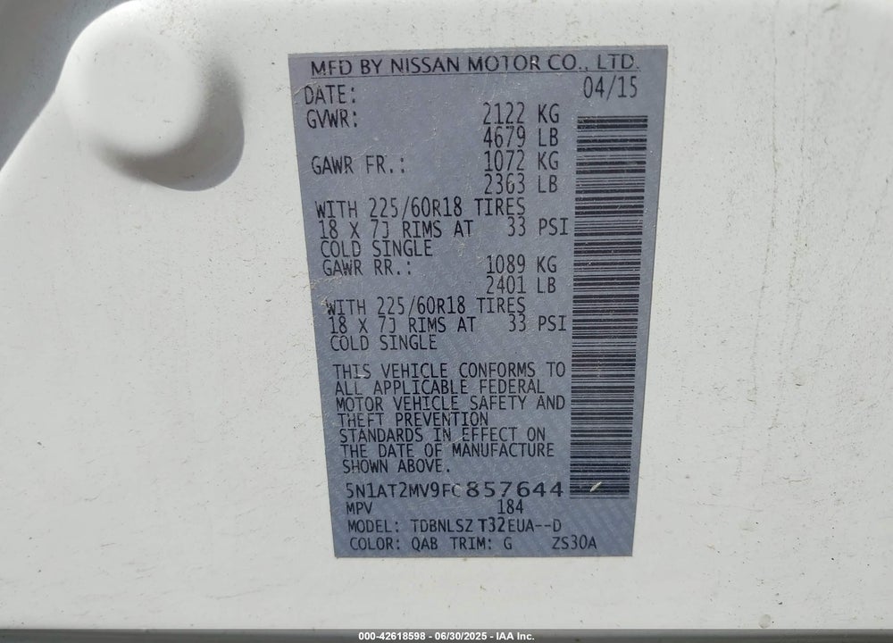 2015 NISSAN ROGUE VIN: 5N1AT2MV9FC857644