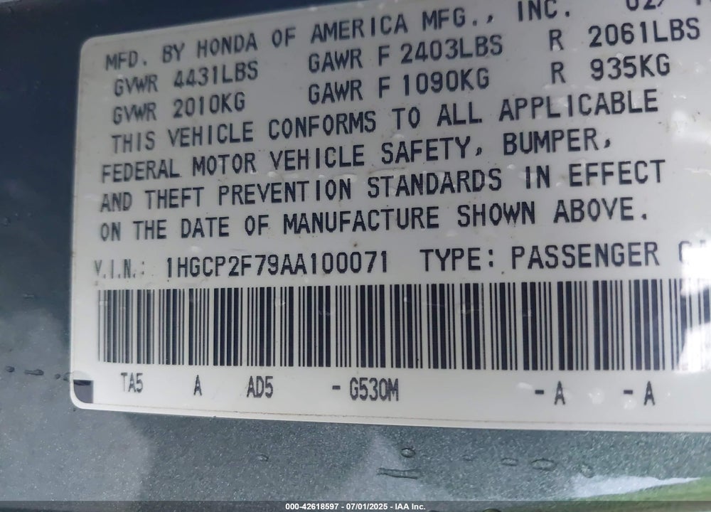 2010 HONDA ACCORD 2.4 EX VIN: 1HGCP2F79AA100071