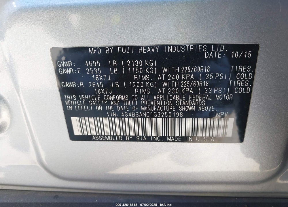 2016 SUBARU OUTBACK 2.5I LIMITED VIN: 4S4BSANC1G3250198